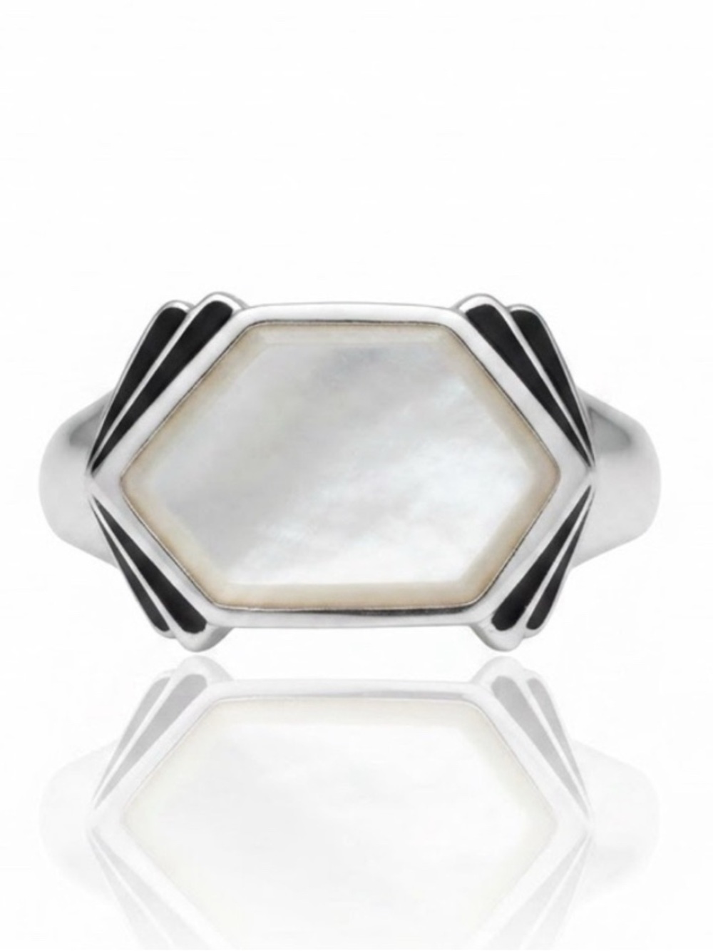 Art Deco Geometric Hexagon Mother of Pearl Sterling Silver Ring Size 9